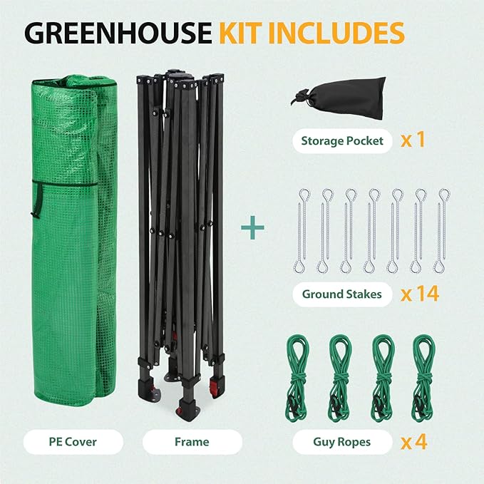EAGLE PEAK 8x6 Portable Walk in Greenhouse, Pop Up Indoor Outdoor Greenhouse, Green House Kit with Zippered Roll-Up Doors and Windows, PE Cover, Clear/Green