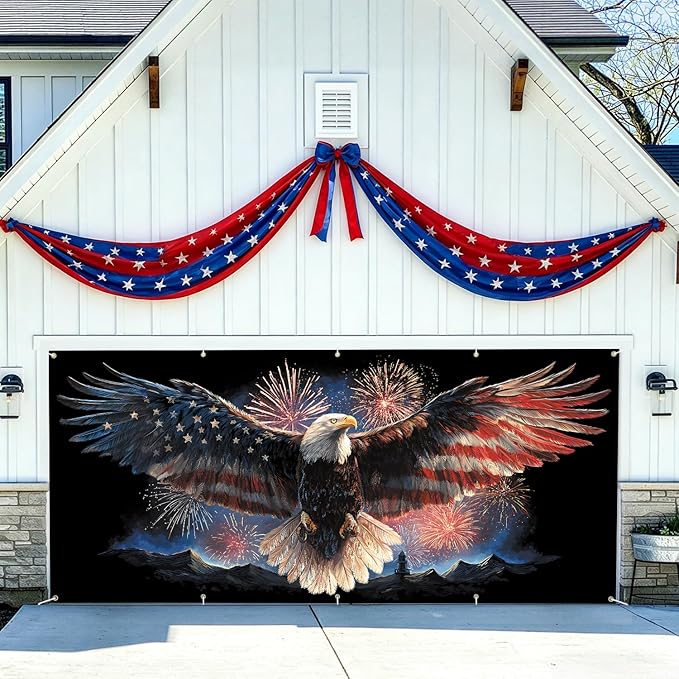 7 * 16FT Summer Garage Door Cover Decorations Sunset Palm Trees Garage Door Banner for Outdoor Indoor Summer Party Photography Backdrop (Eagle Flag Fireworks, 7 * 16 ft)