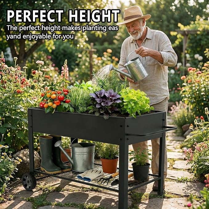 aboxoo 49" L*25" W*31" H Planter Raised Beds with Legs,Outdoor Metal Planter Box on Wheels,Elevated Garden Bed for Vegetables Flower Herb Patio