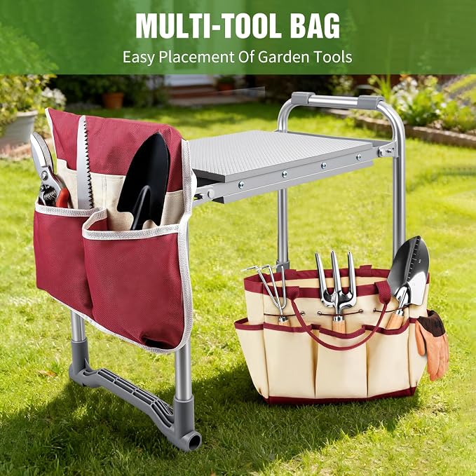 Garden Kneeler and Seat, 2 in 1 Foldable Garden Stool, Portable Gardening Seat with Thick Soft Pad & Tool Bag, Supports Up to 400lbs