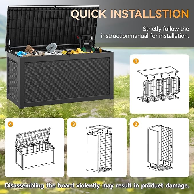 KAMABOKO 300 Gallon Outdoor Storage Box, Resin Deck Boxes Indoor and outdoor, Waterproof Storage Box Lockable Lid for Garden Tools, Package Delivery, Patio Cushions, Black
