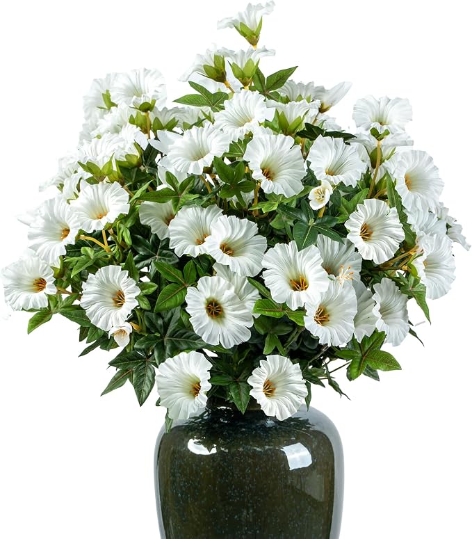 Artificial Flowers for Outdoor Window Box & Porch Decor, UV Resistant Faux Hanging Morning Glory Flowers for Patio, Balcony Cottage Garden Realistic Outdoor Floral 13.3" No Pot (White) 8PCS