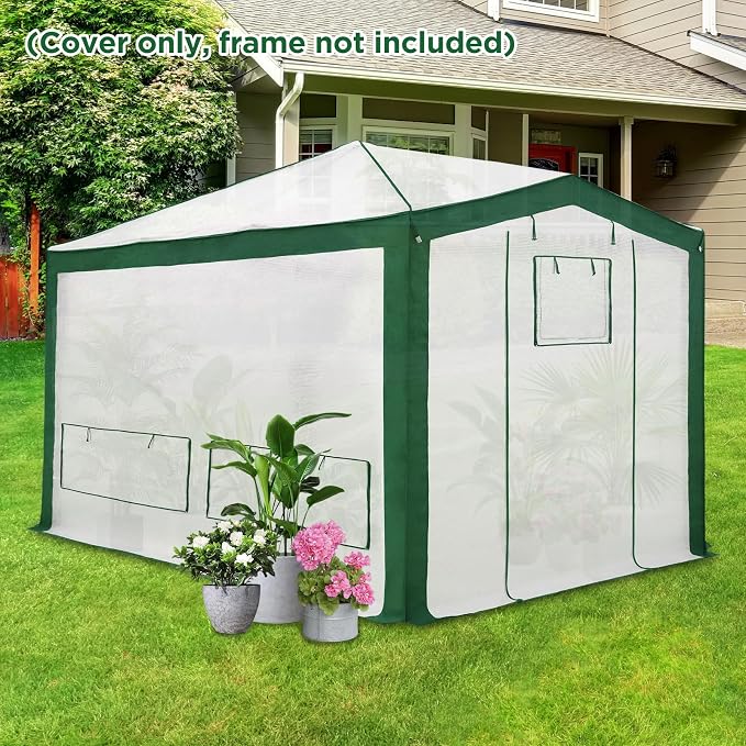 EAGLE PEAK Replacement Cover for 12x8 Pop up Greenhouse with Polyester Reinforced Corners, Front and Rear Roll-Up Zipper Entry Doors and 4 Roll-Up Side Windows (Frame Not Included), Green/White