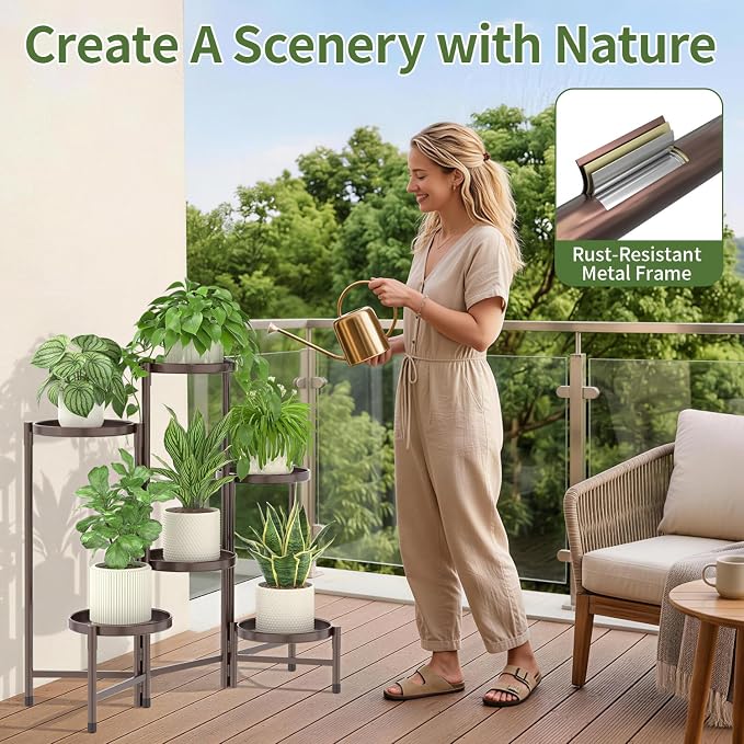 LASZOLA 6 Tier Large Plant Stand Indoor Tall with 10 Inch Metal Tray, Corner Folding Flower Display Rack, Modern Plant Holder Shelf for Outdoor Patio Porch Garden Office Living Room, Bronze