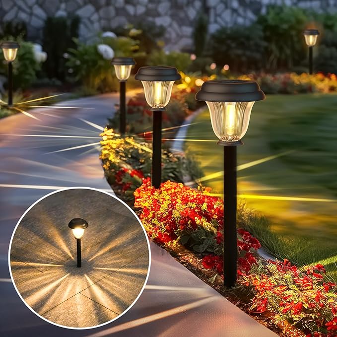 DERAYSION 8 Pack Solar Lights Outdoor, Stainless Steel Glass Solar Pathway Lights, Auto On/Off Long-Lasting Waterproof Garden Lights for Landscape, Path, Yard, Driveway, Walkway Decor (Warm White)