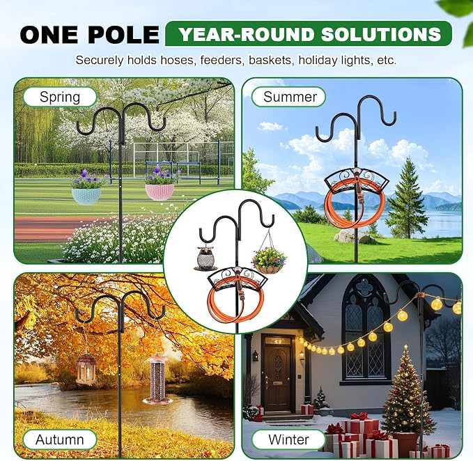78" Heavy Duty Freestanding Garden Hose Holder, Supports 30lb & 150ft Water Hose Stand with Hose Reel, 5 Ground Spikes & 2 Shepherd Hooks, for Hose Storage, Hanging Bird Feeders, Planters