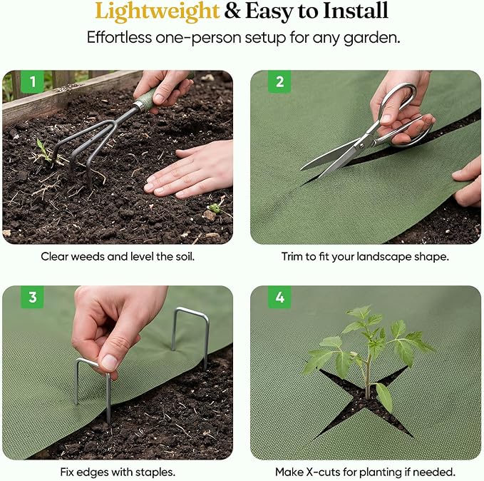 Grenebo Weed Barrier Fabric, 2.6FT x 50FT, Non-Woven Landscape Fabric, No-Fraying and Easy to Cut, Highly Permeable and Breathable, with15 U-Shaped Stakes, for Gardens, Flower Beds and Vegetable Plots