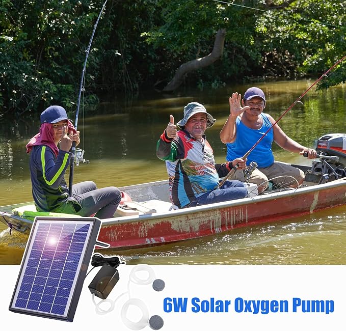 Andoer Pond Oxygenator Solar Powered, Solar Oxygen Pump Aquarium Oxygen Air Pump Fishing Aerator with Pipe 2 Air Bubble Stones for Garden Fish Tank Outdoor Pool Pond (6W)