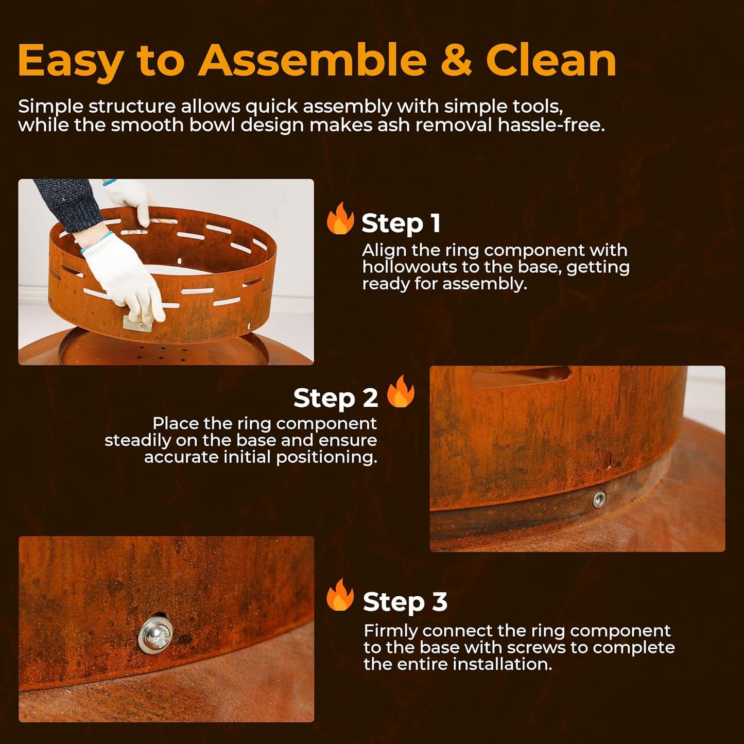 KOL 35" Dia. Heavy-Duty Fire Pit - Pre-Rusted Corten Steel Round Firepit Large Fire Bowl with Stand - Weathering Steel Wood Burning Fireplaces for Outside Backyard Deck Party Bonfire