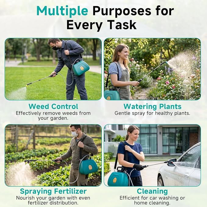 Battery Powered Garden Sprayer 2 Gallon, 7.4V High Pressure Rechargeable Weed Sprayer with 3 Pressure Mode, 5 Spray Nozzles, Telescopic Wand, Battery Indicator, Adjustable Strap for Lawn Garden, Green