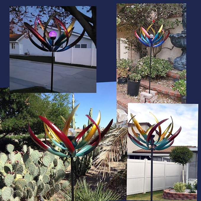 Bits and Pieces Tulip Wind Spinners Outdoor Solar Lighted Metal Wind Spinner, Large Kinetic Garden Sculptures, Crackle Glass Light, Multi-Colored Garden Decor