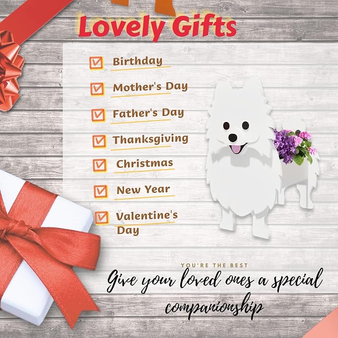White Pomeranian Dog Planter Plant Pots,Cute Dog Flower Planter,Gifts for Pet Lovers,Unique Animal Plant Pots,Office,Indoor Outdoor Garden Decor(9.45 * 6.65 * 12.13in)