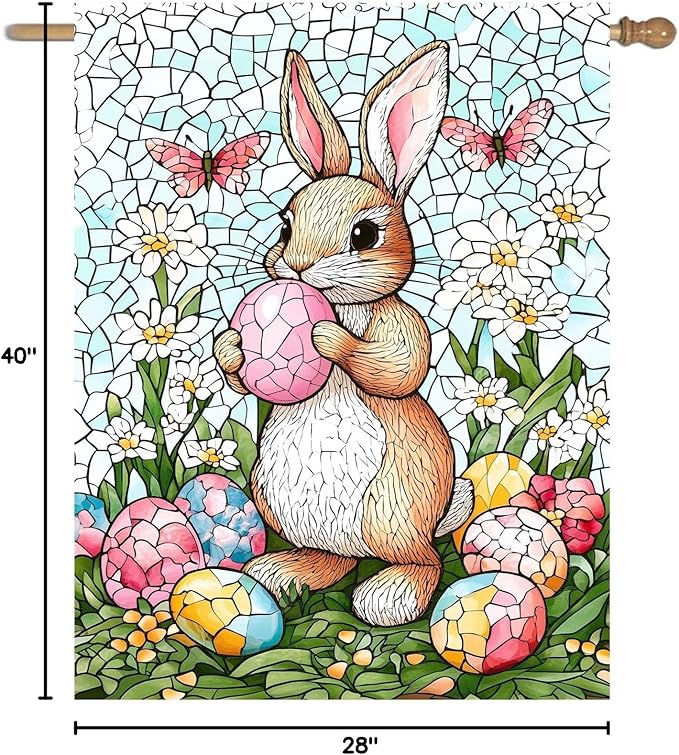 Easter Bunny Garden Flag for outside 28x40 Double Sided Stained Glass Rabbit Flag Easter Egg House Flag Lily Spring Outdoor Flag Large