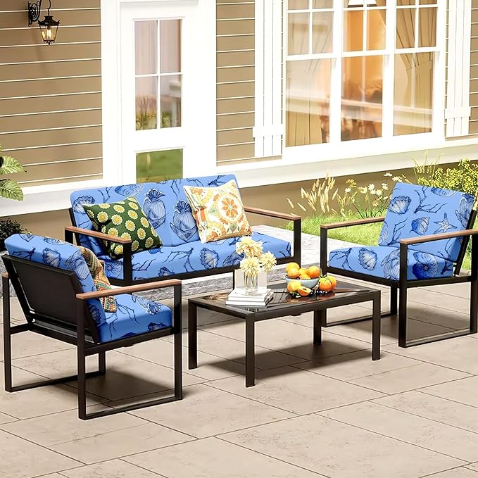 8Pcs Patio Cushion Covers,Outdoor Cushions Covers,Stretch Cushion Covers Replacement, Washable and Reusable Furniture Protectors(Shells & Fish)