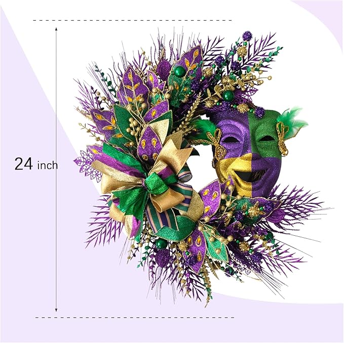 24 Inch Mardi Gras Glitter Wreath for Front Door, Carnival Glitter Purple Gold Green Color Wreath for Indoor Outdoor, Venetian Mask Wreaths for Home Party