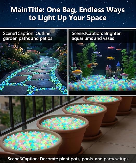Glow in The Dark Stones,Outdoor Glow Rocks for Landscaping 4.4LB | 80000PCS, 0.07-0.2in non-toxic resinn, Long luminous time, waterproof & weather-resistant for yard, pool and fish tank decor.
