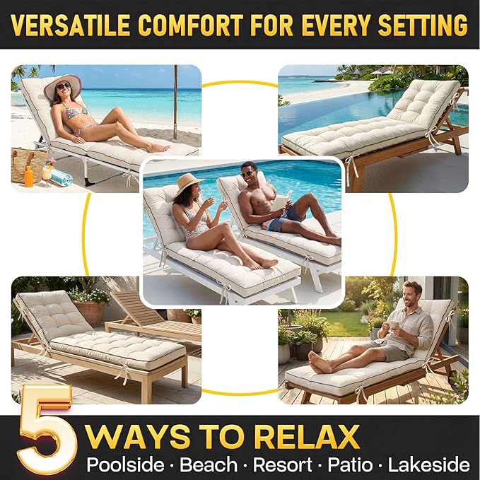 80x26 Inch Folding Chaise Lounge Cushion Quick Dry - Outdoor Sun Lounger Seat Pad with Shredded Foam for Patio Furniture, Deck Chairs, Poolside (Cream, 80 INCH × 26 INCH)