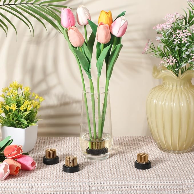 Sliner 8 Pcs 1.37 x 0.75 Inch Floral Frogs Round Brass Flower Holder Japanese Ikebana Vase Floral Frogs Arranger Flower Fixed Tools Pin for Flower Arrangement Home DIY Craft(Gold)