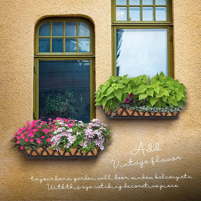 Window Box Railing, 24 Inch Black Metal Hanging Flower Planter Basket with Coco Liner for Outdoor Balcony Porch Fence Patio for Home, Office and Hotel (Black - 4 Pcs/Set)