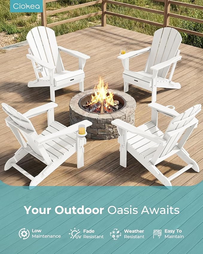 Ciokea Folding Adirondack Chair 4 Pack, Patio Adirondack Chair Weather Resistant, Plastic Fire Pit Chair with Cup Holder, Lawn Chair for Outdoor Porch Garden Backyard Deck (White)