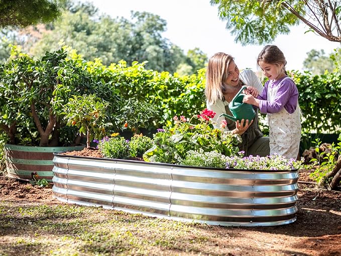 Silver & Green Galvanized Metal Raised Garden Bed for Outdoor Gardening 4×2×1 ft // Easy-to-Assemble Garden Bed Kit for Vegetables and Plants // Sturdy Steel Raised Planter Box // Tool-Free Assembly