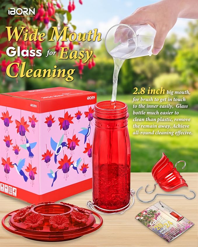 iBorn Hummingbird Feeders for Outdoors Hanging with Ant Moat for Hummingbird Feeder Glass 8 Ports for 16oz Humming Bird Nectar, Red Flowers Red Glass, Pack of 1