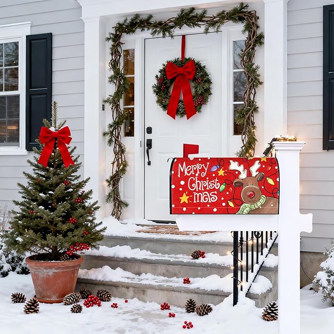 Merry Christmas Mailbox Cover Magnetic Christmas Reindeer Mailbox Covers Winter Xmas Holiday Post Letter Box Cover for Garden Yard Decor 21x18 Inch