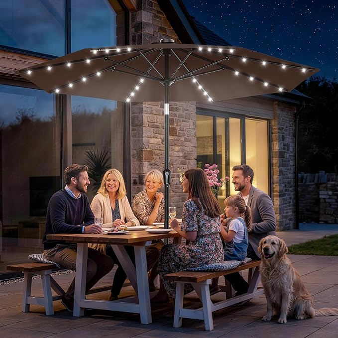AreShark 9FT Patio Umbrella with Solar Lights, 32 Lighted Pool Umbrella w/Tilt and Crank, Outdoor Market Solar Umbrellas for Garden, Deck, Backyard, Pool and Beach, Brown