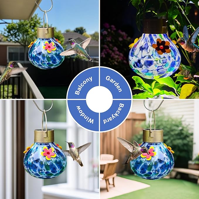 Solar Glass Hummingbird Feeder Outdoors Hanging, Waterproof 3 Feeding Ports, Auto Light Up Garden Decor, Ideal Bird Lover Gift, Blue (Mixed Red & Orange)
