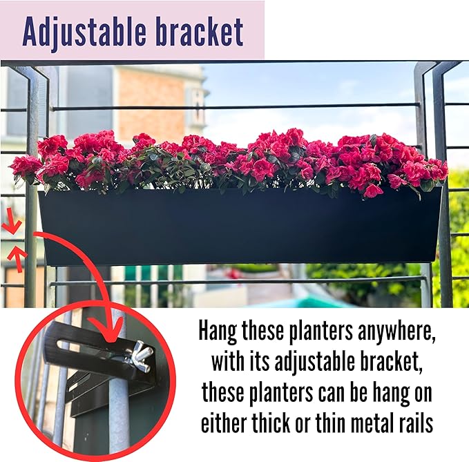LaLaGreen Rail Planter Boxes for Outdoor (2 Pack, 40") Hanging Flower Pots with Bracket, Black Rectangular Self Watering System Deck Railing Herb Planters Outdoor Plants Container Rail Balcony Fence