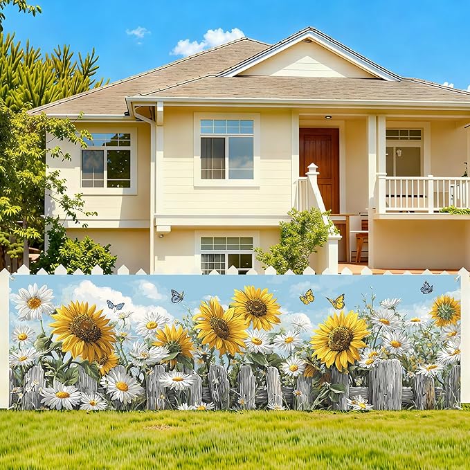 Sunflower Spring Fence Banner 118 x 35 Inch, Large Waterproof Outdoor Floral Banner with Sunflowers, Daisies & Butterflies for Yard Garden Porch Fence Decorations
