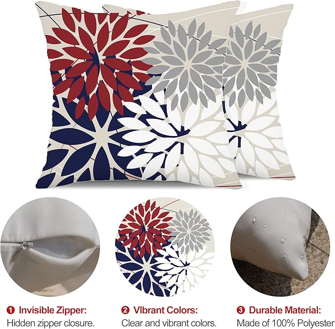 DFXSZ Outdoor Throw Pillow Covers 18x18 Inch Set of 2 Waterproof Spring Summer Geometric Elegant Red Blue Outdoor Pillow Covers for Patio Funiture Garden Couch 158U18