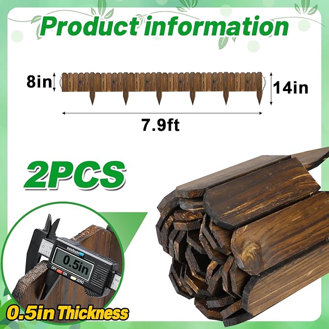 Wooden Garden Edging - 2pcs 7.9ft x 8in Weather-Resistant Pine Landscape Border Fence for Outdoor Patio Lawns Yard Flower Beds Decoration