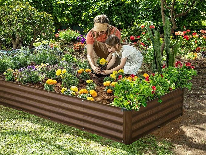 Plant & Plot Galvanized Raised Garden Beds Outdoor // 8×4×1 ft Planter Raised Beds for Gardening, Vegetables, Flowers (Dark Wood Grain) // Large Metal Garden Box // Patented Tool-Free Design