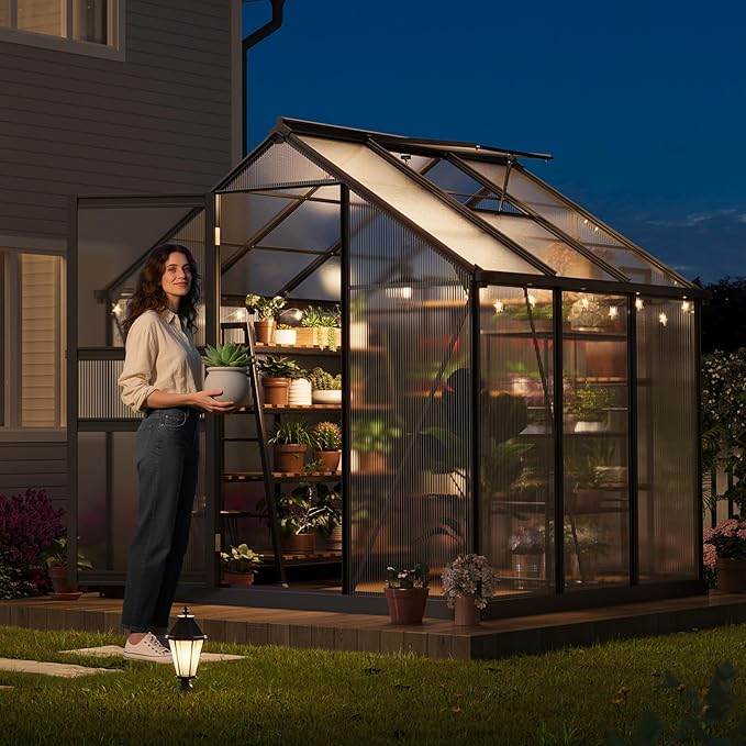 Garvee 6x6 FT Outdoor Greenhouse - Walk-in Aluminum Frame with Lockable Hinged Door, Adjustable Roof Vent, Rain Gutter - Ideal for Backyard, Patio, Lawn, Garden - Hinged Door