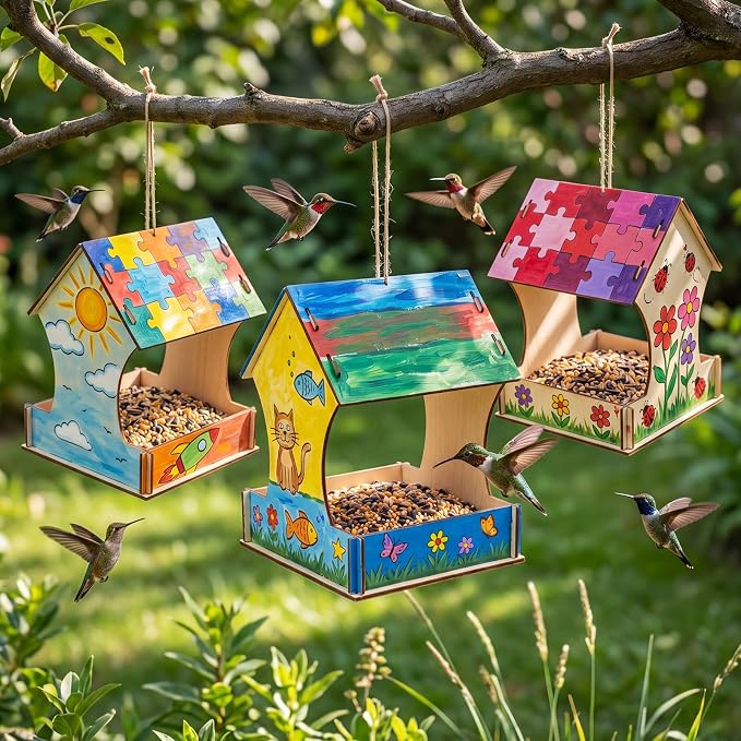 DoubleFill 24 Pack Wooden Bird Feeder Kits, DIY Bird House Kits, Build and Paint Craft for Adults, Unfinished Birdhouse Wood Craft for Educational Fun Art Outdoor Activities Gift