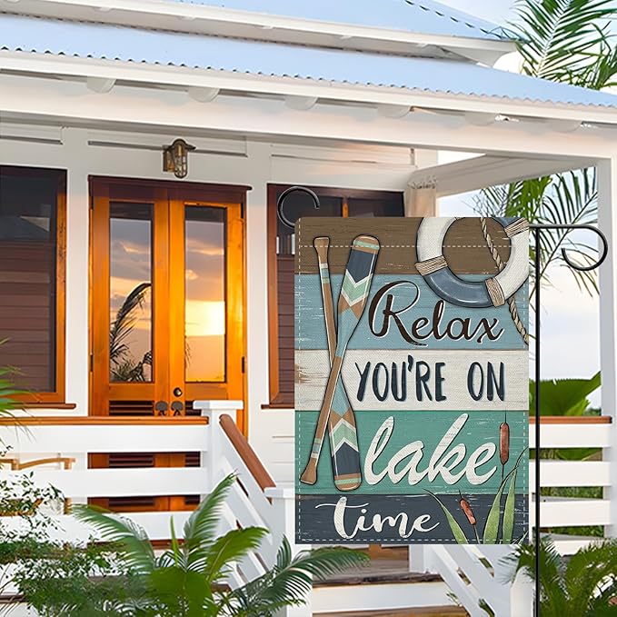 Dyrenson Relax You're on Lake Time Theme Decorative Garden Flag, Spring Summer Lakehouse Paddle Life Buoy Yard Outside Home Decorations, Farmhouse Burlap Outdoor Small Decor Double Sided 12 x 18