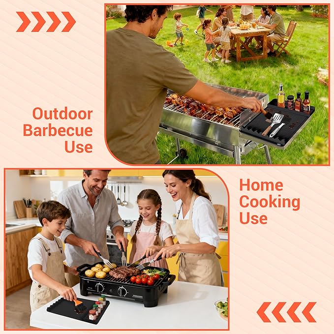 2Pack Silicone Grill Mat for Blackstone - 16x11.5 Inch Non-Slip Tool Mat with Sauce Drip Pad & Wavy Grip, Outdoor BBQ Accessories & Gifts for Men, Dad, Grilling (Black)