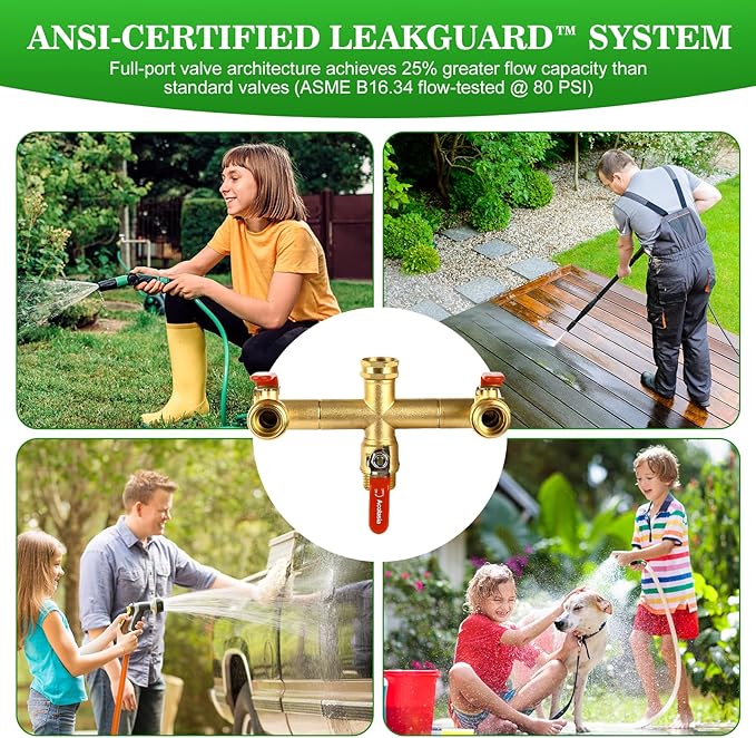 Hose Splitter 3 Way Heavy Duty Brass Garden Hose Splitter with 360° Rotatable, 304 Stainless Steel Long Handle Outdoor Full Flow Hose Splitter Connector, 3/4" GHT Thread