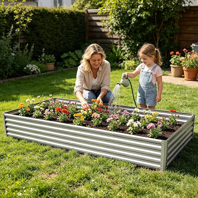 TATAANTY Galvanized Raised Garden Bed 8x4x1 ft(2 Pack),Outdoor Planter Box Metal Patio Kit Planting Bed for Vegetables Flowers and Succulents,Silver
