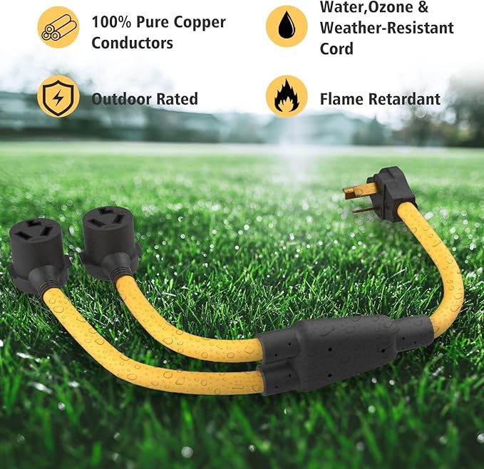 30 amp splitter 3 Prong Dryer Y Splitter L-Prong NEMA 10-30P Male to 2 x NEMA 10-30R Female, 30 Amp 250 Volt 7500W STW 10 AWG Dryer Y Adapter Cord, Power Cable for Electric Car, UL Listed