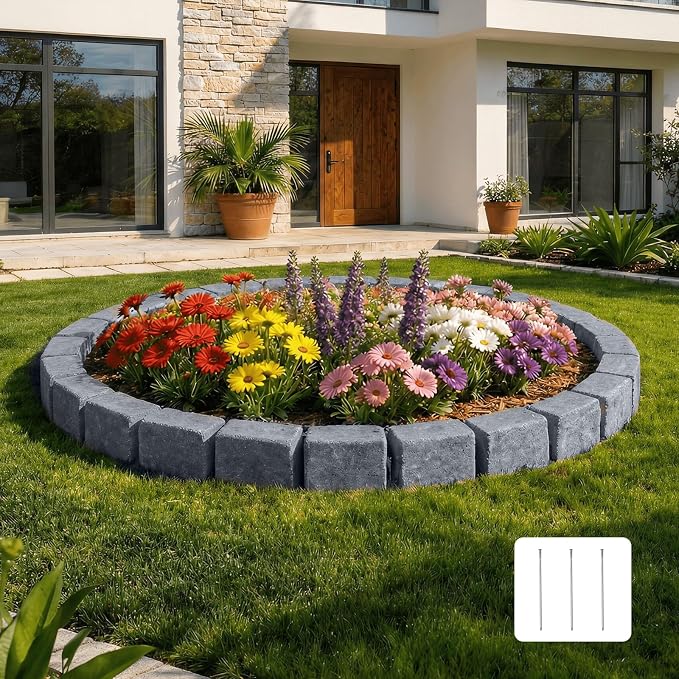 VEVOR Faux Stone Landscape Edging, 46.85" Kit, No Dig Garden Edging Border, Blocks for Lawn, Flower Beds, Yards, 1 Pack Each Section Has 6 Bricks 46.85" L x 3.94" W x 6.1" H, 3 Spikes, Sandstone Gray