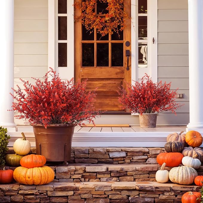 RECUTMS Artificial Fall Flowers Bulk Fall Lavender Fake Plants Artificial Greenery Faux Plants Outdoor Deals 36 Bundles Faux Autumn Plant Fake Shrubs for Indoor Bookshelf Yard Decorations (Wine Red)