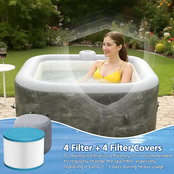 LINNIW Spa Hot Tub Filter Replacement: Compatible with All RELXTIME ALEKO Wejoy Co-z Spa Wave Spas CleverSpa Inflatable Hot Tubs Pool High-Efficiency Screw-in Filters(4 Filters + 4 Filter Covers)