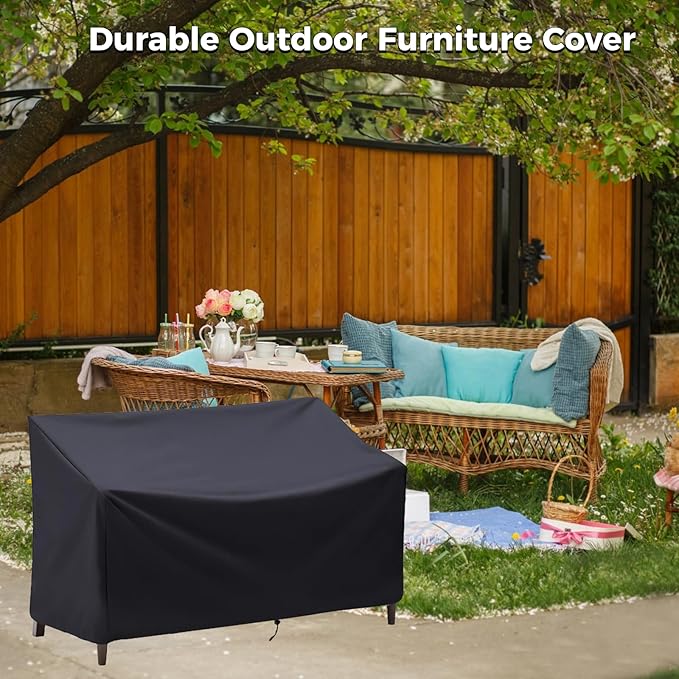 Outdoor Bench Cover, 2 Seater Patio Bench Cover, Waterproof Heavy Duty Furniture Cover with Air Vents, Buckles and Drawcord, All Weather UV Dust Protection for Porch Deck Garden, 53 x 26 x 35 in