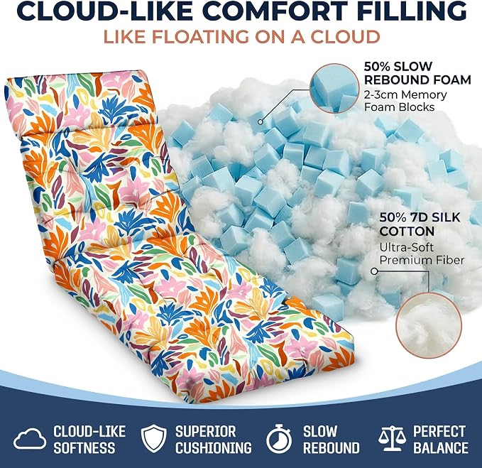 MAGIC ELEPHANT Chaise Lounge Cushion Outdoor, Memory Foam Patio Lounge Chair Cushion with Ties for Outdoor Furniture, 74 x 22 x 4 Inch (Multicolor Leaves)