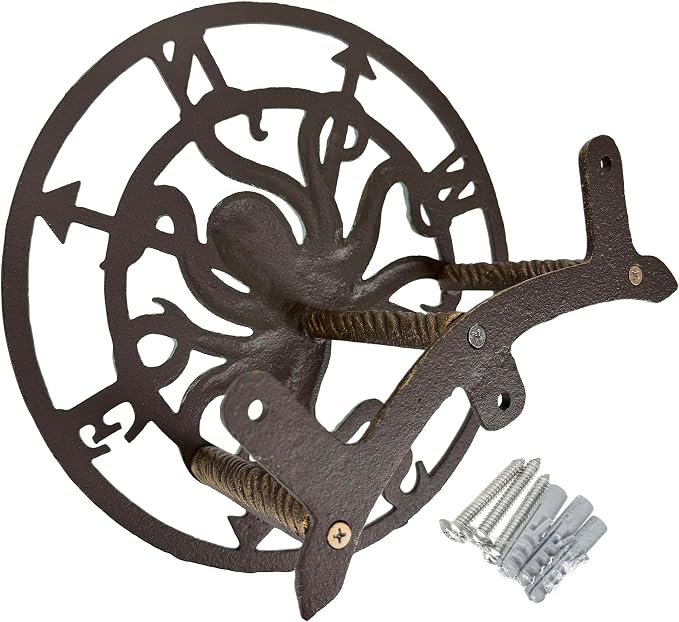 Zeckos 11.75 Inch Cast Iron Octopus Compass Rose Garden Hose Holder, Bronze Verde Patina Nautical Outdoor Wall Mounted Decorative Hose Hanger for Yard, Garden, Patio or Beach House