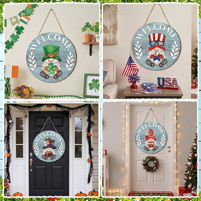 Qunclay Interchangeable Wooden Gnome Decor Holiday Seasonal Gnome Decorations with Magnet Pieces and Detachable Hats Changeable Welcome Sign for Home(Blue)