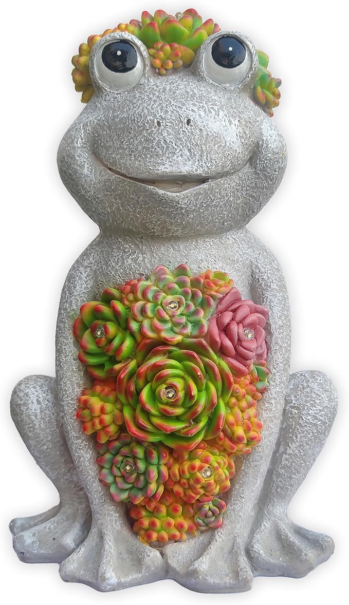 Large Frog Solar Garden Outdoor Statues with Succulent and 8 LED Lights,Outside Solar Frog Art Decor for Lawn,Yard, Balcony Ornament