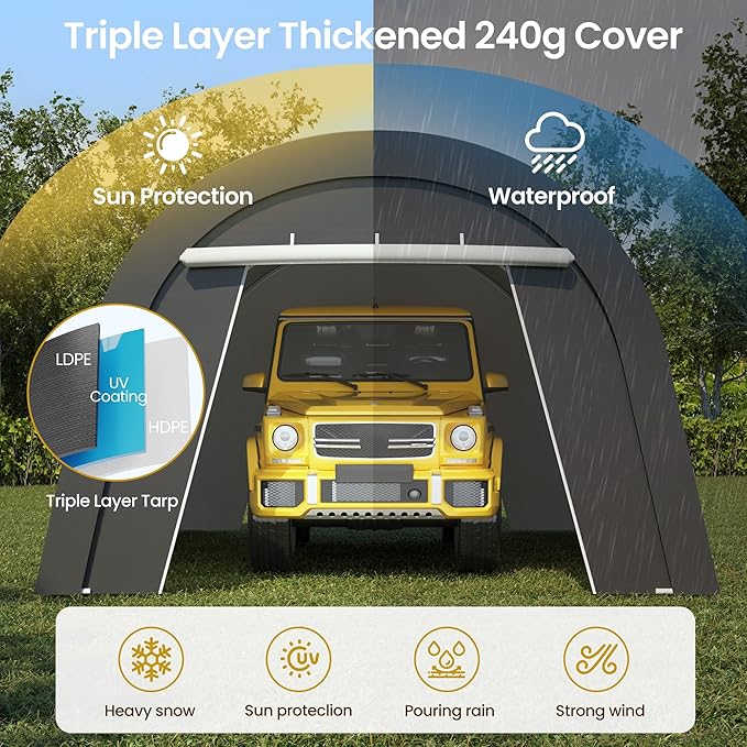 13' x 20' Domed Carport with 4 Cloth Bags, Portable Garage with 2 Roll-up Doors, All-Weather Storage Shelter Shed for Cars, Truck, or Garden Tools